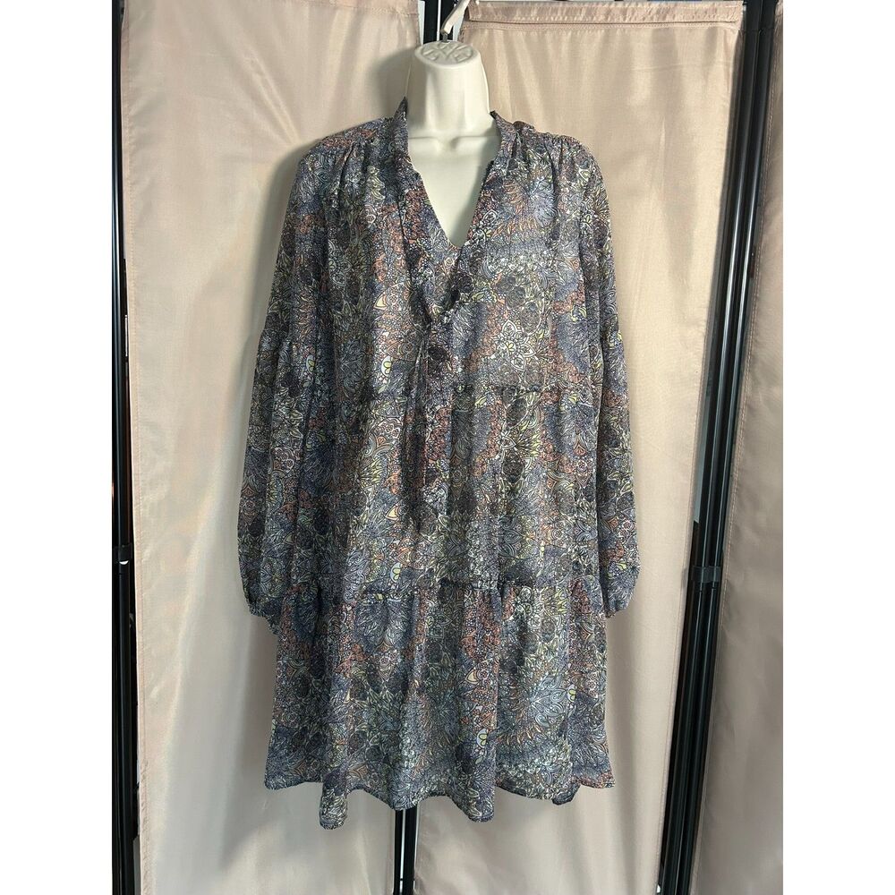 Luxology Paisley Boho Mini Dress XL Long Sleeve Tiered Ruffle V Neck